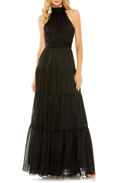 Mac Duggal Pleated Bodice Tiered Tie Neck Halter Gown In Black