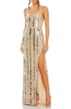 Mac Duggal Halter Neck Embellished Detailed Back Gown In Nude Silver