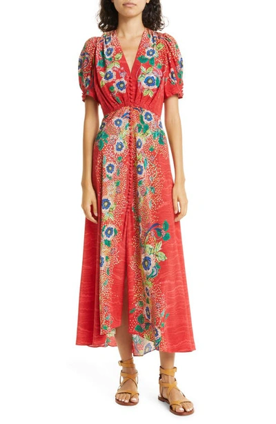 Saloni Lea Print Silk Maxi Dress In 1770-climbing Dianthus Plmt