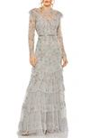 Mac Duggal High Neck Flutter Cap Long Sleeve Tiered Embellish In Platinum