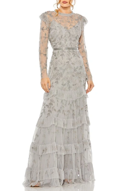 Mac Duggal Floral Beaded Appliqué Long Sleeve Tiered Gown In Platinum