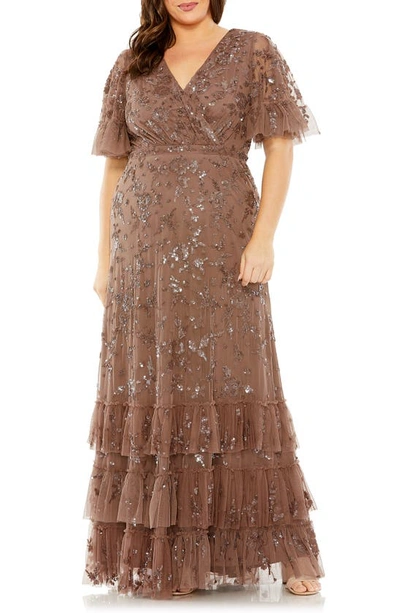 Fabulouss By Mac Duggal Sequin Floral Flutter Sleeve Gown In Chocolate