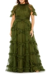 Fabulouss By Mac Duggal Ruffle Flutter Sleeve Tiered A-line Gown In Olive