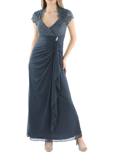 Betsy & Adam Petites Womens Sequined Ruched Evening Dress In Grey