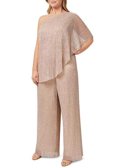 Adrianna Papell Plus Womens Metallic One Shoulder Jumpsuit In Beige