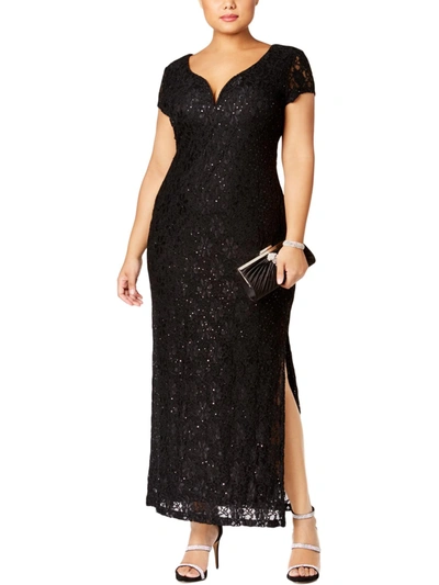 Connected Apparel Plus Womens Lace Sequined Evening Dress In Black