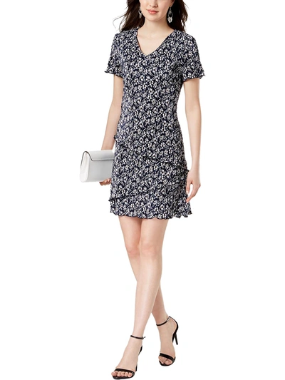 Connected Apparel Petites Womens V-neck Knee Shift Dress In Blue