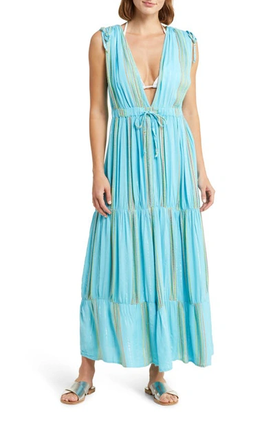 Elan Stripe Deep V-neck Cover-up Maxi Dress In Aqua/ Lime Stripe