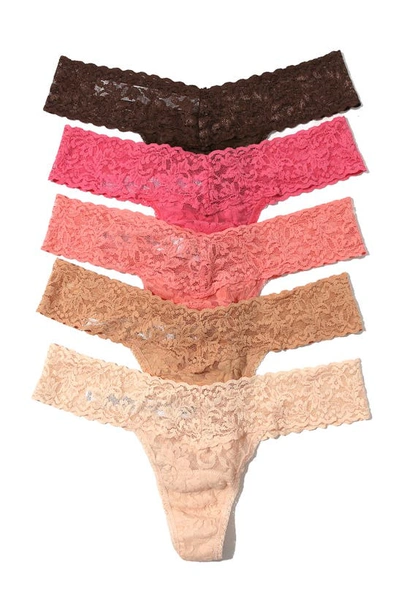 Hanky Panky Assorted 5-pack Lace Low Rise Thongs In Dutch Chocolate/guava