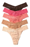 Hanky Panky Assorted 5-pack Lace Original Rise Thongs In Dutch Chocolate/guava/ballet P