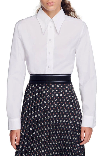 Sandro Gourmandise Long Sleeve Poplin Cotton Button-up Blouse In White