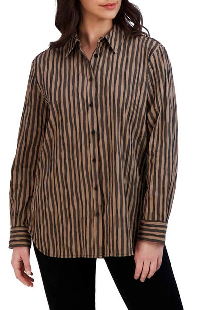 Foxcroft Crinkled Button-up Boyfriend Shirt In Almond/ Black