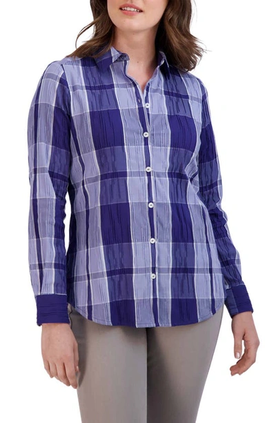Foxcroft Zoey Plaid Cotton Blend Button-up Shirt In Blue Iris