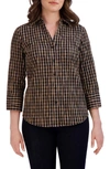 Foxcroft Mary Crinkled Gingham Cotton Blend Shirt In Almond/ Black