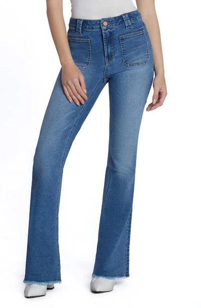 Hint Of Blu Patch Pocket Flare Jeans In Atlantic Blue