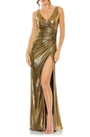 MAC DUGGAL RUCHED METALLIC SIDE SLIT GOWN