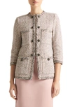 St John Boucle Slub Tweed Knit Jacket In Black/ Ivory/ Pink Multi