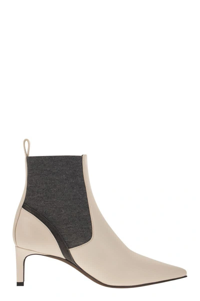 Brunello Cucinelli Leather Heeled Ankle Boots With Shiny Contour In Ivory/grey