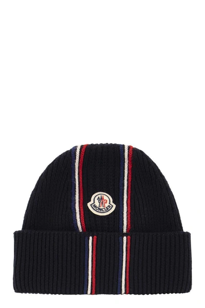 Moncler Tricolour Wool Hat In Blue