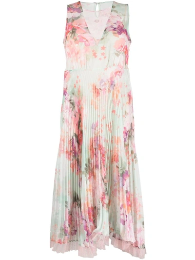 Twinset Plumentis Long Pleated Dress In Rosa E Verde