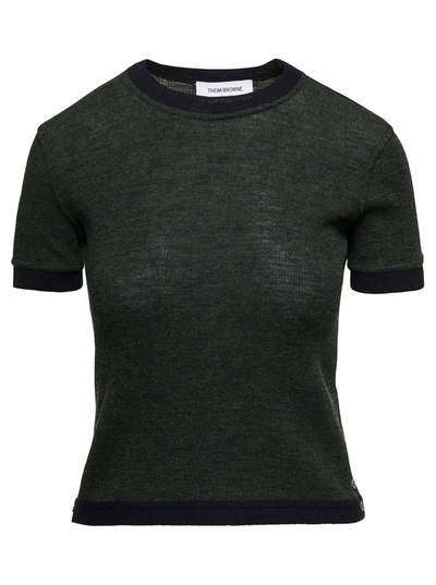 Thom Browne Short Sleeve Tee W/ Contrast Trims In Wool Rib In Green