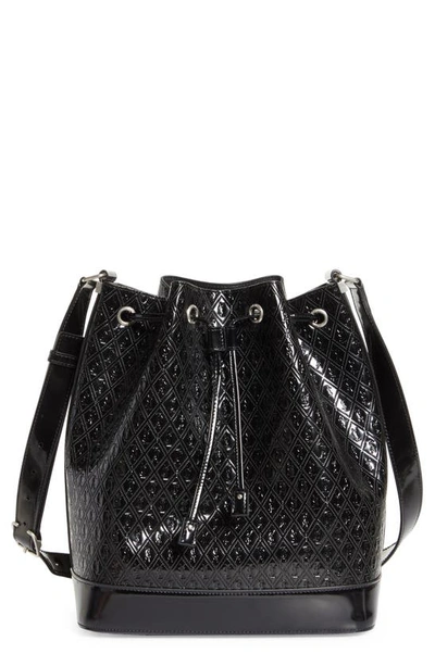 Saint Laurent Paris Vii Medium Croc-effect Patent-leather Bucket Bag In Black