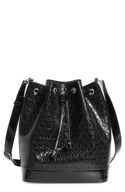 Saint Laurent Paris Vii Medium Croc-effect Patent-leather Bucket Bag In Noir