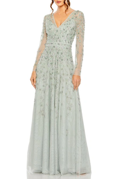 Mac Duggal Long Sleeve A-line Gown In Sage