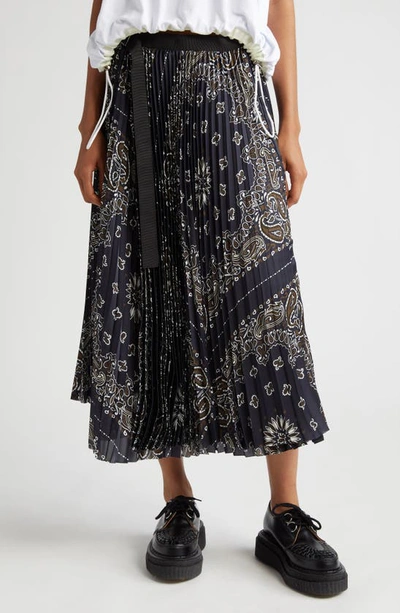 Sacai Bandana-print Pleated Skirt In Navy