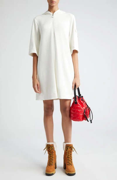 Moncler Hooded Quarter-zip T-shirt Dress In Natural