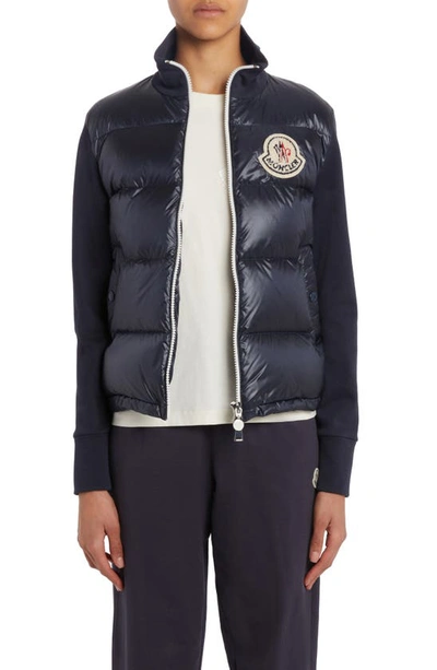 Moncler Quilted Down & Knit Cardigan In Blue Navy