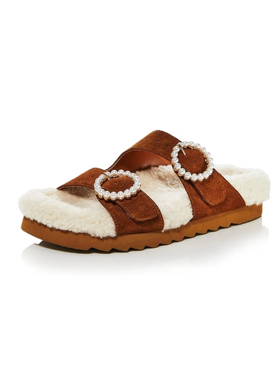 Aqua Furry Womens Suede Faux Fur Slide Sandals In Brown