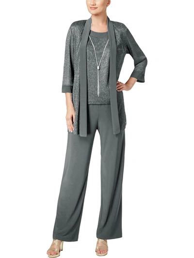 R & M Richards Womens Metallic 2 Pc Pant Suit In Grey