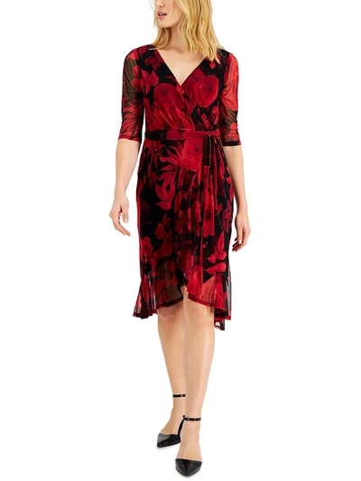 Connected Apparel Petites Womens Floral Elbow Sleeve Wrap Dress In Red