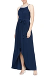 Sl Fashions Embellished Tie Belt High-low Dress In Navy