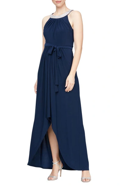 Sl Fashions Embellished Tie Belt High-low Dress In Navy