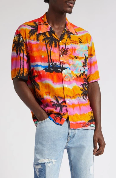 Palm Angels Psychedelic Palms Bowling Shirt In Orange