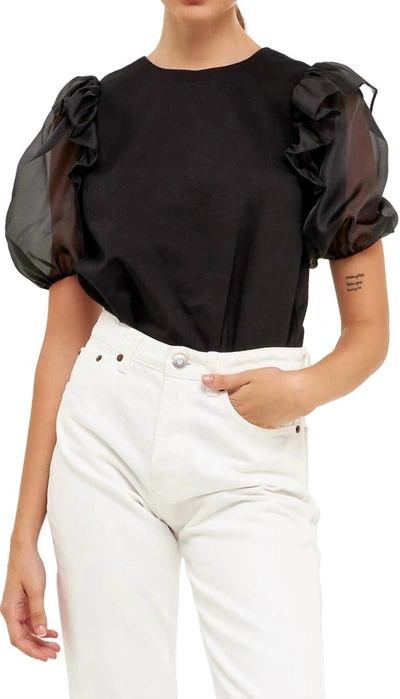 English Factory Sheer Puff Sleeve Organza Top In Black
