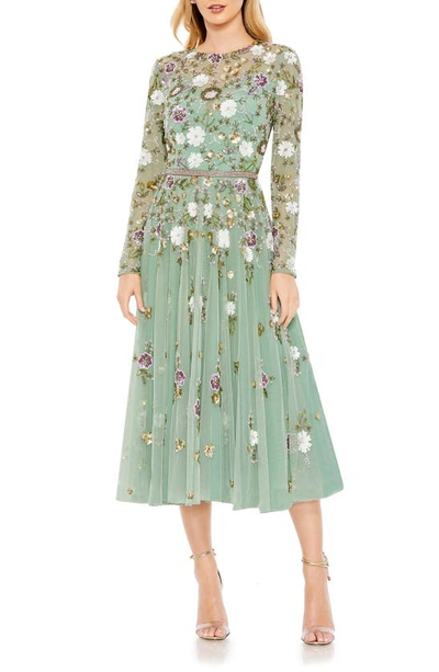 Mac Duggal Sequin Floral Long Sleeve Mesh Dress In Sage Multi
