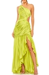 Mac Duggal Side Cut-out One-shoulder Pleated Gown In Apple Green