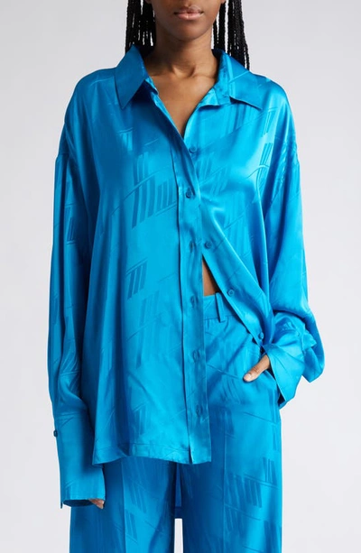 Attico Diana Oversize Split Hem Jacquard Satin Button-up Shirt In Capri Blue