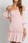 FANCO STRIPE OFF THE SHOULDER SHIRRED MINI DRESS IN CORAL STRIPED