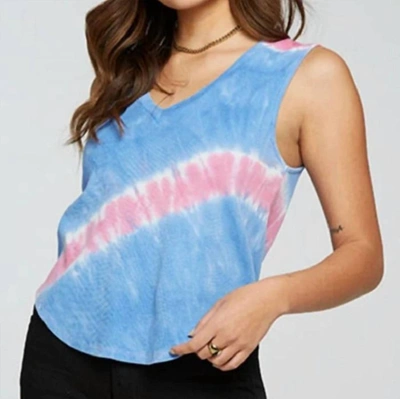 Chaser Vintage Rib Cropped Henley Shirttail Tank In Eclipse Tie Dye In Blue