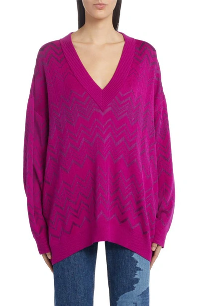 Missoni Zigzag-print V-neck Knit Sweater In Pink