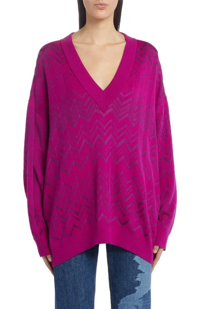 Missoni Zigzag-print V-neck Knit Sweater In Purple