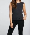 CHASER TRIBLEND RIB SHIRRED BACK V MUSCLE TANK TOP IN BLACK