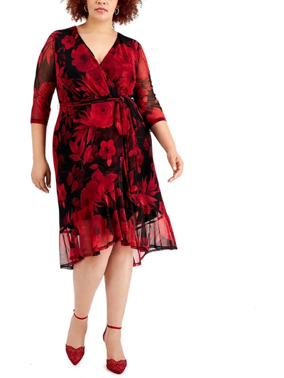 Connected Apparel Plus Womens V-neck Midi Wrap Dress In Red