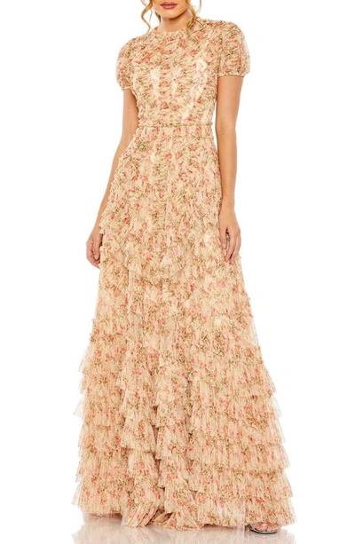 Mac Duggal High Neck Floral Mesh Ruffle Dress In Beige Multi