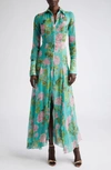 OSCAR DE LA RENTA GERANIUM PRINT LONG SLEEVE SILK CHIFFON MAXI DRESS