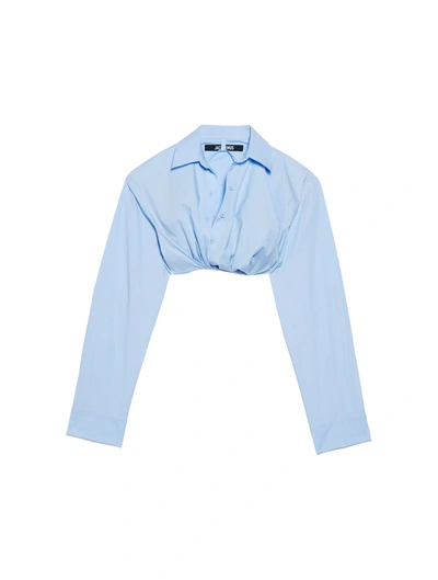 Jacquemus Ruched Tucked In Cropped Long Sleeve Shirt In Blue